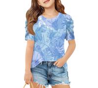 T-shirt à manches courtes pour filles, imprimé feuilles, col rond, doux, léger, décontracté, coupe ample, haut d'été pour enfants et adolescents, bleu, 5-6 ans