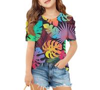 T-shirt à manches courtes pour filles, imprimé feuilles, col rond, doux, léger, décontracté, coupe ample, haut d'été pour enfants et adolescents, Noir , 4-5 ans