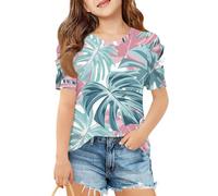 T-shirt à manches courtes pour filles, imprimé feuilles, col rond, doux, léger, décontracté, coupe ample, haut d'été pour enfants et adolescents, bleu ciel, 4-5 ans