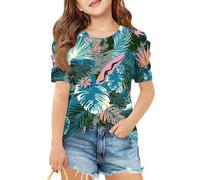 T-shirt à manches courtes pour filles, imprimé feuilles, col rond, doux, léger, décontracté, coupe ample, haut d'été pour enfants et adolescents, bleu marine, 4-5 ans