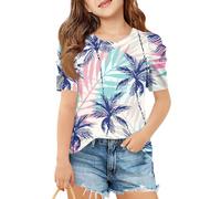 T-shirt à manches courtes pour filles, imprimé feuilles, col rond, doux, léger, décontracté, coupe ample, haut d'été pour enfants et adolescents, kaki, 5-6 ans