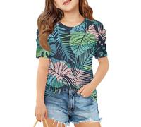 T-shirt à manches courtes pour filles, imprimé feuilles, col rond, doux, léger, décontracté, coupe ample, haut d'été pour enfants et adolescents, vert militaire, 5-6 ans