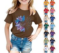T-shirt à manches courtes pour filles - Imprimé floral mignon - Haut athlétique en coton - Col rond - T-shirt basique amusant - Respirant et doux, a-bleu, 10-11 ans