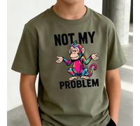 T-shirt à manches courtes pour garçons avec graphique coloré de singe "Pas mon affaire", col ras-du-cou décontracté, amusant, pour porter au quotidien, été 6Y,7Y,8Y,9Y,10Y,14Y,11Y,12Y,13YCartoon,Lettr