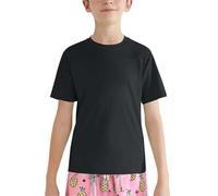 T-shirt à manches courtes pour garçons et filles - Rashguard - Col rond - Uni - Coton - Pour la natation, la pêche, le surf, la course à pied - Couleur unie, Noir , 13-14 ans
