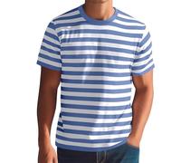 T-shirt à manches courtes pour homme - Avec rayures - Col rond - T-shirt large rayé - En coton - Manches courtes - Confortable - Chemise d'été décontractée - Chemise d'été décontractée, bleu ciel, L