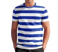 T-shirt à manches courtes pour homme - Avec rayures - Col rond - T-shirt large rayé - En coton - Manches courtes - Confortable - Chemise d'été décontractée - Chemise d'été décontractée, bleu clair