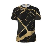 T-shirt à manches courtes pour homme avec texture marbre noir imprimé doré respirant léger été mode gym entraînement décontracté, Noir , S
