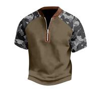 T-shirt à manches courtes pour homme, coupe classique, décontracté, imprimé camouflage 3D, col zippé, t-shirt à manches courtes pour intérieur et extérieur, marche, sport, vie quotidienne, marron, XL
