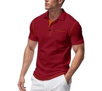 T-shirt à manches courtes pour homme, coupe droite, décontracté, tendance, col boutonné, haut à manches courtes pour intérieur et extérieur, marche, sport, vie quotidienne, Rouge, M