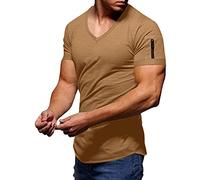 T-shirt à manches courtes pour homme facile à porter - Tendance - Style décontracté - Couleur unie - Poche zippée - Pour l'intérieur et l'extérieur, la marche, le sport, la vie quotidienne, kaki, M