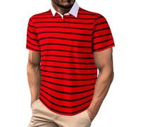 T-shirt à manches courtes pour homme - Uni - Décontracté - Tendance - Rayé - Revers ample - Pour l'intérieur et l'extérieur, la marche, le sport, la vie quotidienne, Rouge, M