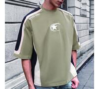 T-shirt à manches courtes pour hommes avec impression de bloc de couleur, d'étoiles et de lettres, style décontracté L,M,S,XL,XXLBlocs de couleur,Géométrique,LettresTissu tricoté