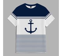 T-shirt à manches courtes pour hommes, coupe régulière, imprimé rayures bleu marine et blanc avec ancre de marin, style décontracté d'été pour vacances, plage et croisière L,M,S,XL,XXLgraphique,RayéTi
