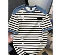 T-shirt à manches courtes pour hommes, design imprimé patchwork en faux denim rayé noir & blanc, mode jeune, convient pour un usage quotidien décontracté, les rassemblements entre amis L,M,S,XL,XS,XXL