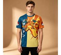 T-shirt à manches courtes pour hommes, imprimé intégral Pokemon Charizard Split Color, bleu orange, Anime japonais Kanji Pokeball, décontracté YT-Q00341