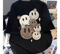 T-shirt à manches courtes pour préadolescentes, avec imprimés de visages souriants multiples - Décontracté ample, manches courtes de style sportif, col rond pour filles - Cadeau d'été parfait, convien