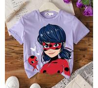T-shirt à manches courtes simple et décontracté pour préadolescentes, avec une figure de dessin animé mignonne violette. Convient pour l'été 8Y,9Y,10Y,11Y,12YCartoon,Portrait,LettresPolyester