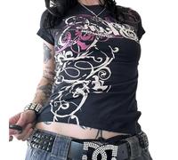 T-shirt à manches courtes Y2K Fairy Grunge pour femme, style punk, rock, gothique, crâne, graphique, haut des années 90, esthétique, Emo Top, Noir gothique, Taille S