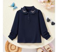 t-shirt à manches longues avec col claudine mignon brodé pour filles, mode respirante en coton pur doux et traçable, top bleu marine, nouvelle arrivée printemps 6Y,8Y,9Y,10Y,4Y,12YPlantesÉtoffe