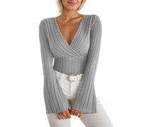 T-shirt à manches longues avec effet enveloppant et col en V | Haut élégant style années 70 en tricot côtelé pour femme avec manches cloches, gris, XS