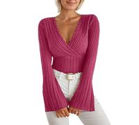 T-shirt à manches longues avec effet enveloppant et col en V | Haut élégant style années 70 en tricot côtelé pour femme avec manches cloches, Rose intense, M