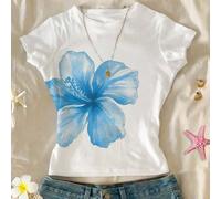 T-shirt à manches longues col rond ajusté, style décontracté minimaliste et confortable, imprimé floral tropical bleu avec hibiscus, frangipanier et motifs bord de mer. Convient pour l'été, les couche