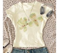 T-shirt à manches longues col rond décontracté et confortable pour filles avec motif floral tropical d'hibiscus et de frangipanier sur fond vert menthe. Convient pour le printemps/été, les vacances, l