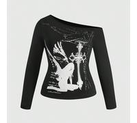 T-shirt à manches longues coupe slim grande taille avec imprimé anglais gothique, collier chaîne croix d'ange, épaule asymétrique sexy Dark Angel 0XL,1XL,2XL,3XL,4XLHalloweenTissu tricoté