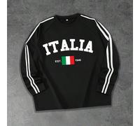 T-shirt à manches longues décontracté pour hommes avec imprimé texte italien et drapeau national, bande rayée noire et blanche, style sport et université, convient pour le printemps/été, l'école et le
