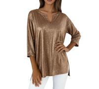 T-shirt à manches longues décontracté scintillant pour grandes tailles : haut en tricot élégant avec brillance discrète coupe confortable, marron, XL