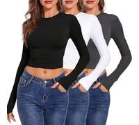 T-Shirt à Manches Longues en Coton pour Femme - Style Y2K - Haut Basique Doux pour Le Quotidien (FR/ES, Alpha/Lettres, S, Taille Normale, Taille Normale, Noir + Blanc + Gris)