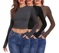 T-Shirt à Manches Longues en Coton pour Femme - Style Y2K - Haut Basique Doux pour Le Quotidien (FR/ES, Alpha/Lettres, S, Taille Normale, Taille Normale, Noir + Gris + Brun)