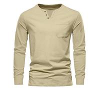 T-shirt à manches longues en coton pour homme - Mode printemps et été - Décontracté - Col en V - Couleur unie - Manches longues - Haut à manches longues, beige, M