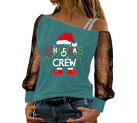 T-shirt à manches longues épaules dénudées avec détails en dentelle élégants, haut décontracté, coupe extensible confortable, t-shirt basique à la mode pour tout le monde, Vert menthe., XXL