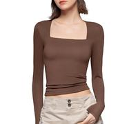 T-shirt à manches longues et col carré pour femme - Coupe ajustée - Tee-shirt basique fumé - Pour sortir - Y2K - Haut streetwear, A-marron foncé., S