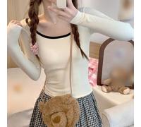 T-shirt à manches longues et col carré pour femme, haut en polyester floqué avec motif de couleur contrastée pour une tenue décontractée au printemps, en automne et en hiver, élasticité modérée et