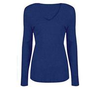 T-shirt à manches longues et col en V pour femme - Pull uni décontracté - T-shirt d'entraînement basique, bleu marine, 52-54