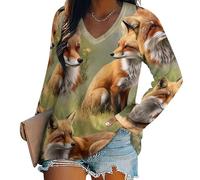 T-Shirt à Manches Longues et col en V pour Femme Red Fox, décontracté, Ample, imprimé Humoristique, pour l'automne