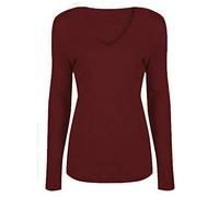 T-shirt à manches longues et col en V pour femme, uni, décontracté, bordeaux, 36-38