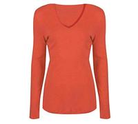 T-shirt à manches longues et col en V pour femme, uni, décontracté, corail, 40-42