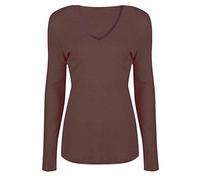 T-shirt à manches longues et col en V pour femme, uni, décontracté, marron, 36-38
