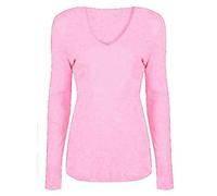 T-shirt à manches longues et col en V pour femme, uni, décontracté, rose, 44-46