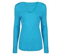 T-shirt à manches longues et col en V pour femme, uni, décontracté, turquoise, 36-38