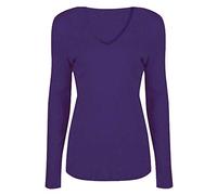 T-shirt à manches longues et col en V pour femme, uni, décontracté, violet, 36-38