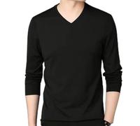 T-shirt à manches longues et col en V pour homme, coupe ajustée, idéal pour un style de vie actif et le sport (taille L, noir)