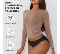 T-shirt à manches longues et col rond pour femmes, en tissu très extensible pour une compression légère et un contrôle du ventre. Longueur standard L,M,S,XL,XXLUnicoloreÉtoffe