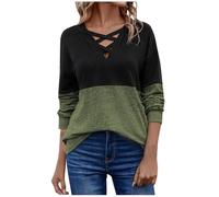 T-Shirt À Manches Longues Femme Col en V Blouse Chic Et Élégant Lâche Haut Décontracté Tee Shirt Bloc De Couleur Tunique Basic Top Pulls Tendance Décontractés Automne Printemps 2026