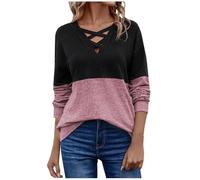 T-Shirt À Manches Longues Femme Col en V Blouse Chic Et Élégant Lâche Haut Décontracté Tee Shirt Bloc De Couleur Tunique Basic Top Pulls Tendance Décontractés Automne Printemps 2026