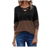 T-Shirt À Manches Longues Femme Col en V Blouse Chic Et Élégant Lâche Haut Décontracté Tee Shirt Bloc De Couleur Tunique Basic Top Pulls Tendance Décontractés Automne Printemps 2026